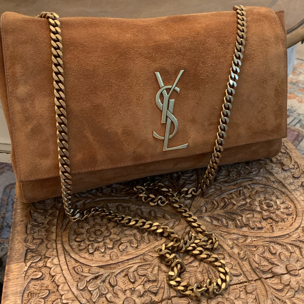 Saint Laurent Tan Suede Shoulder Bag with Gold Chain